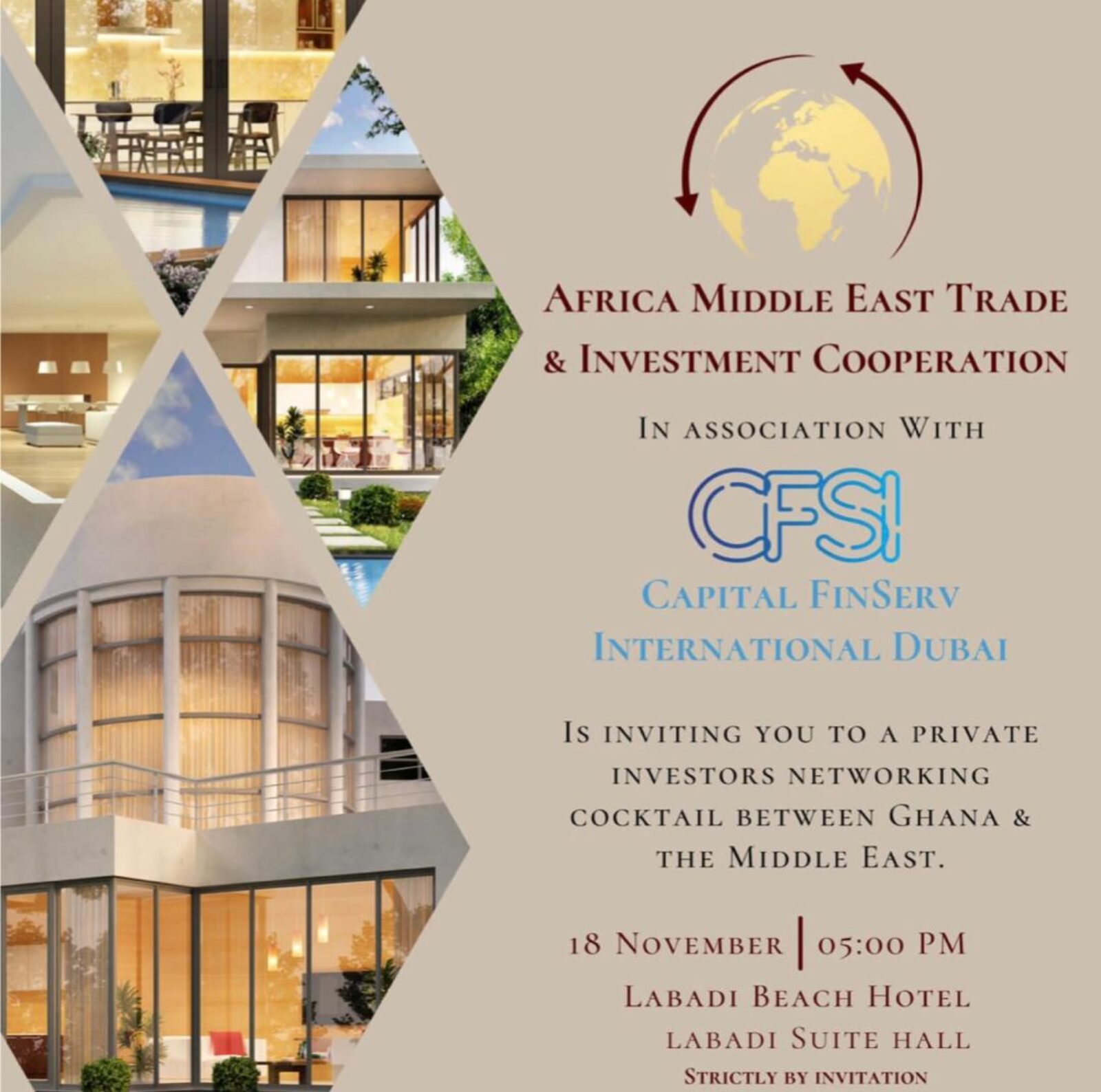 Private investors networking cocktail announcing the business expansion of Capital FinServ International based in Dubai, into Ghana through AMETIC